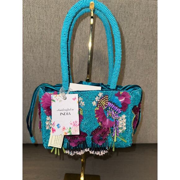 Aqua Beaded NWT Viral Handcrafted in India Embellished Drawstring Mini Handbag - Picture 3 of 6